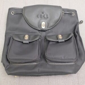 Ebel Black Nylon Faux Leather Turn Lock Cinch‎ Top Travel Backpack